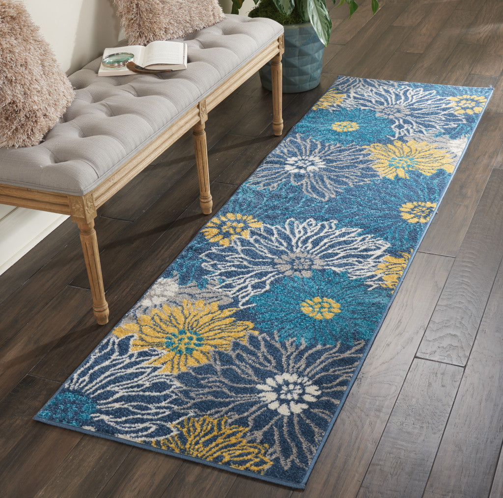 10' Blue Floral Power Loom Runner Rug