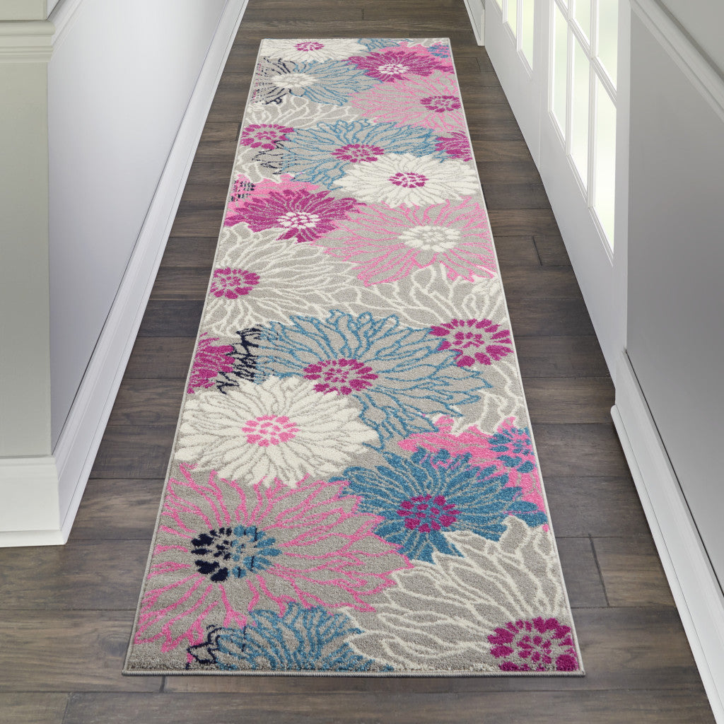 10' Gray Floral Dhurrie Runner Rug