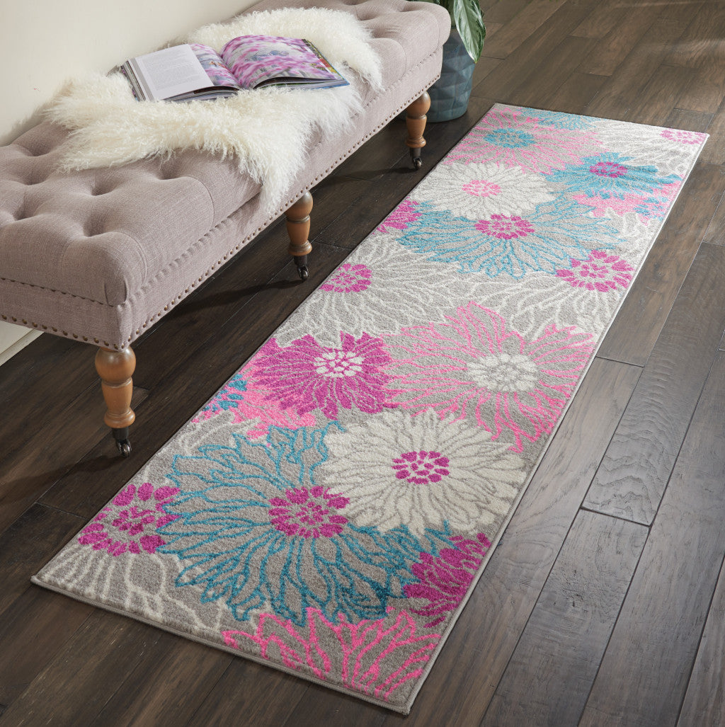 10' Gray Floral Dhurrie Runner Rug