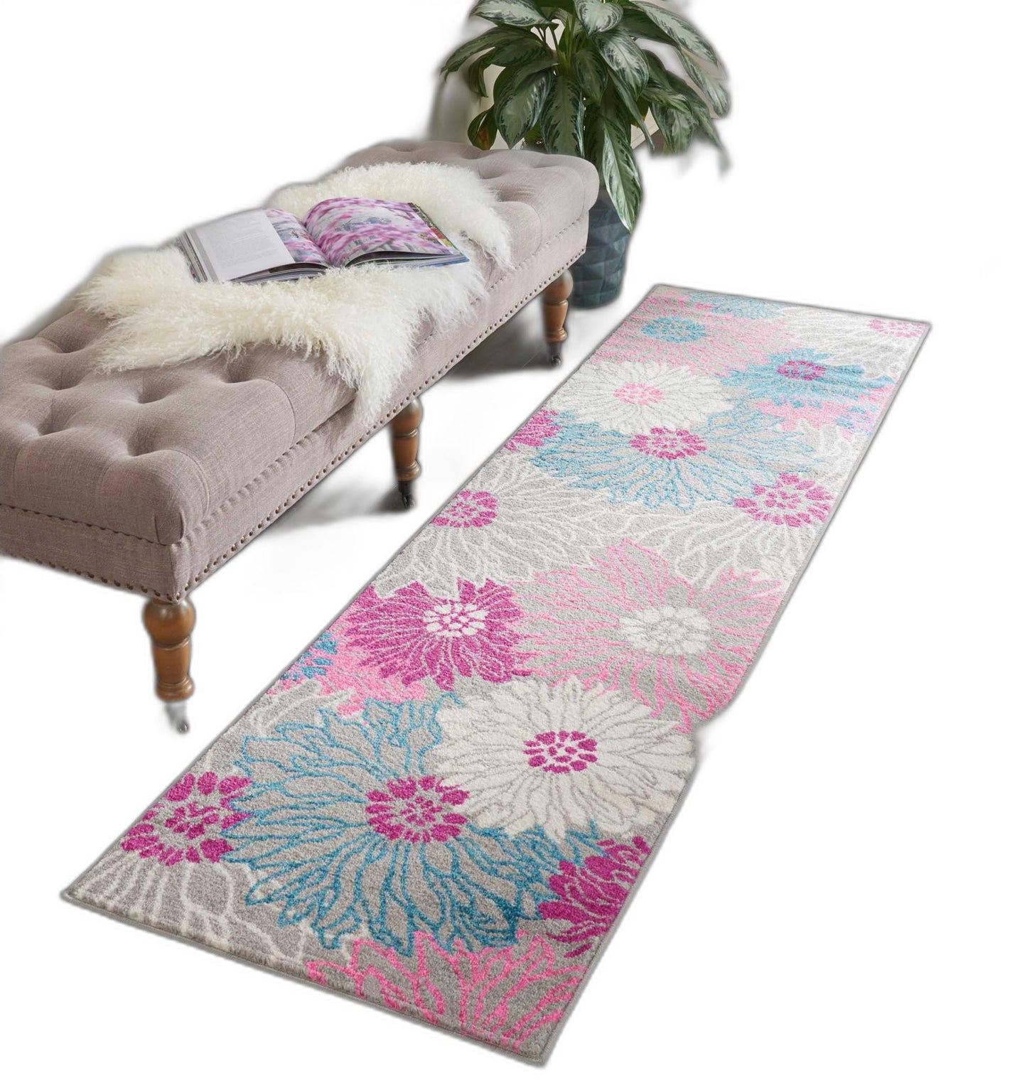 10' Gray Floral Dhurrie Runner Rug