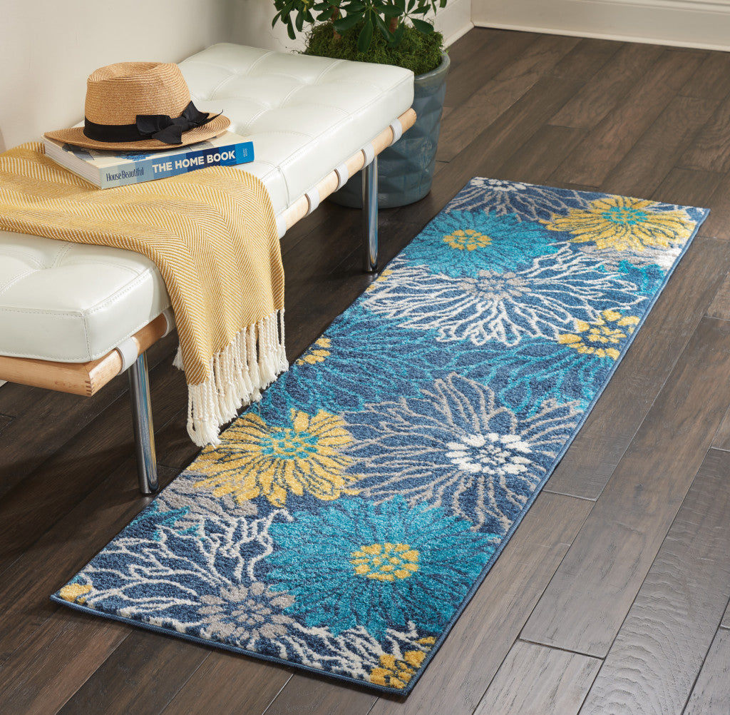 10' Blue Floral Power Loom Runner Rug