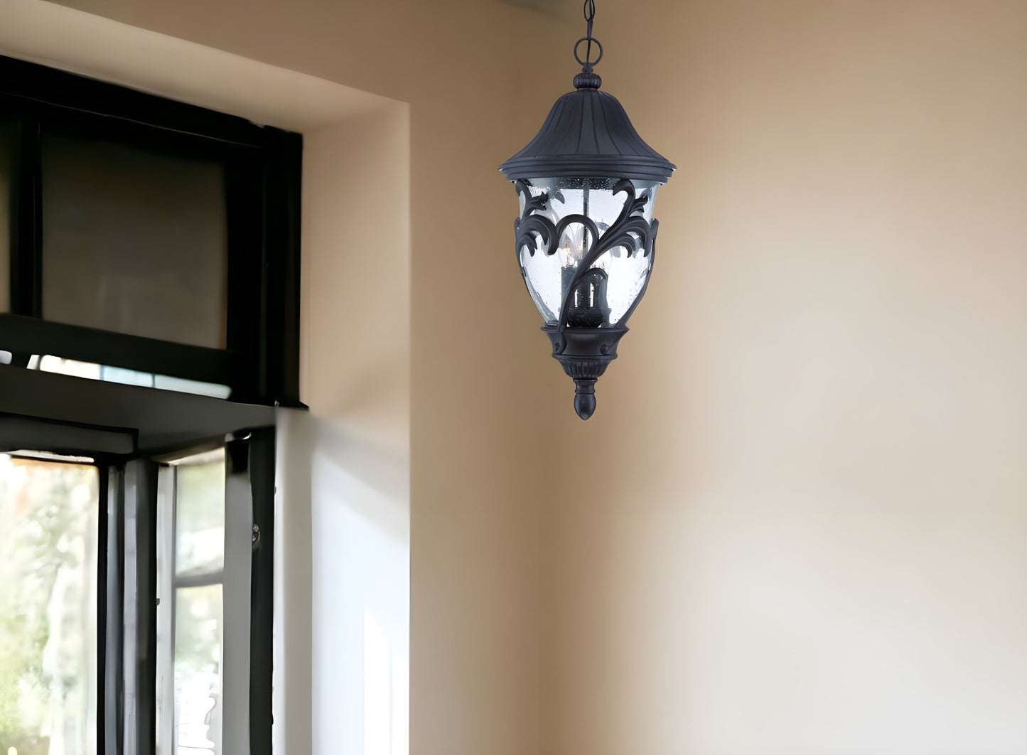 XL Three Light Matte Black Leaf Detail Hanging Light