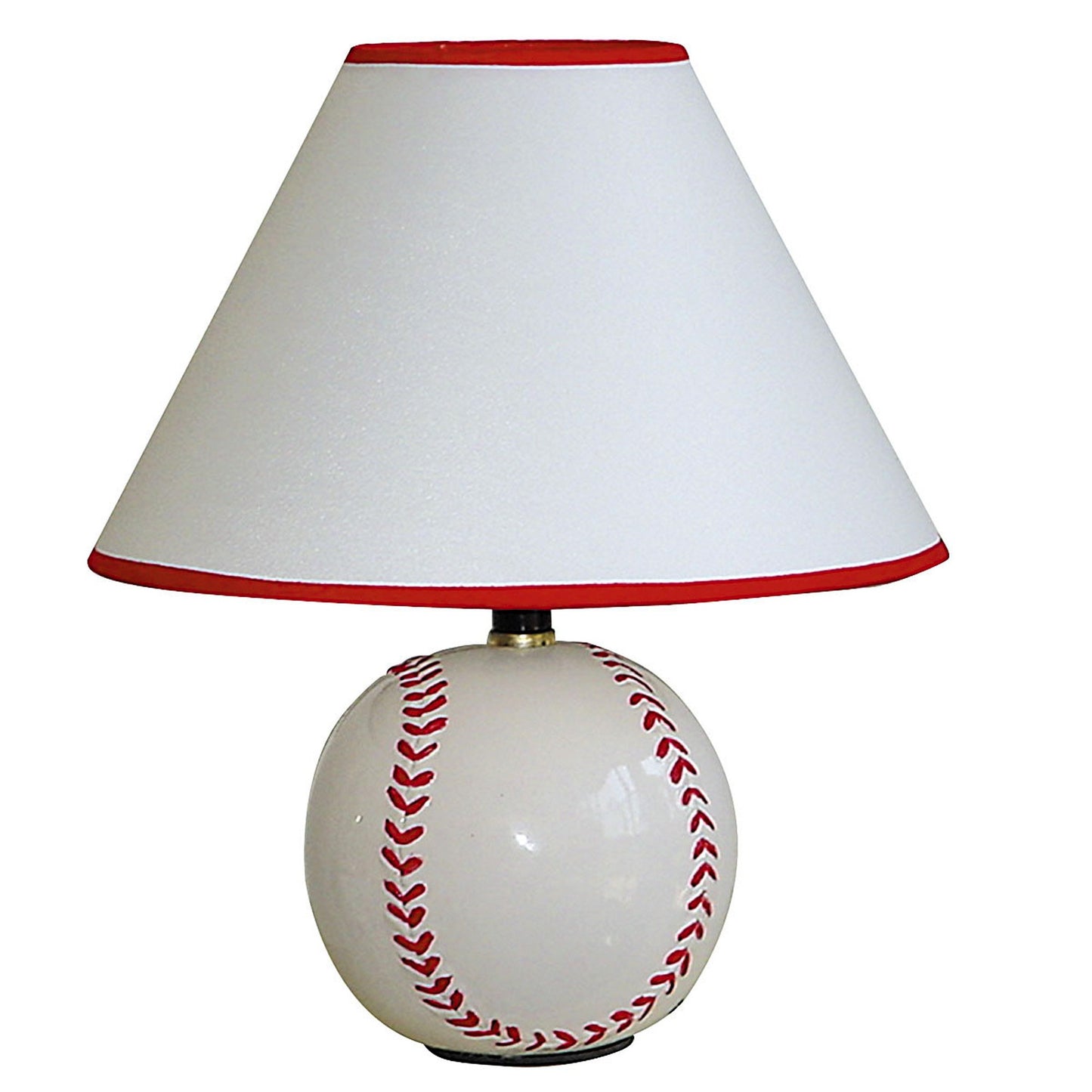 12" White and Red Ceramic Baseball Sports Table Lamp With White and Red Empire Shade