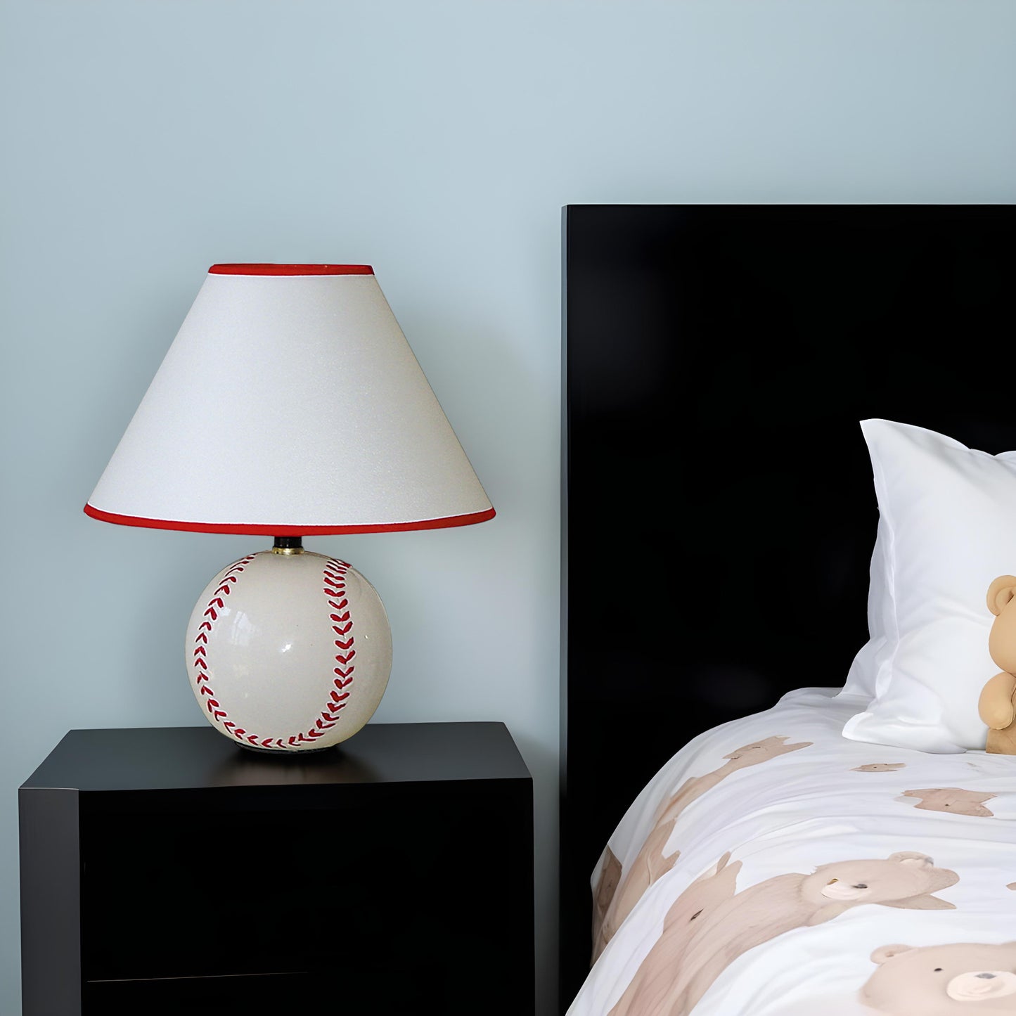 12" White and Red Ceramic Baseball Sports Table Lamp With White and Red Empire Shade