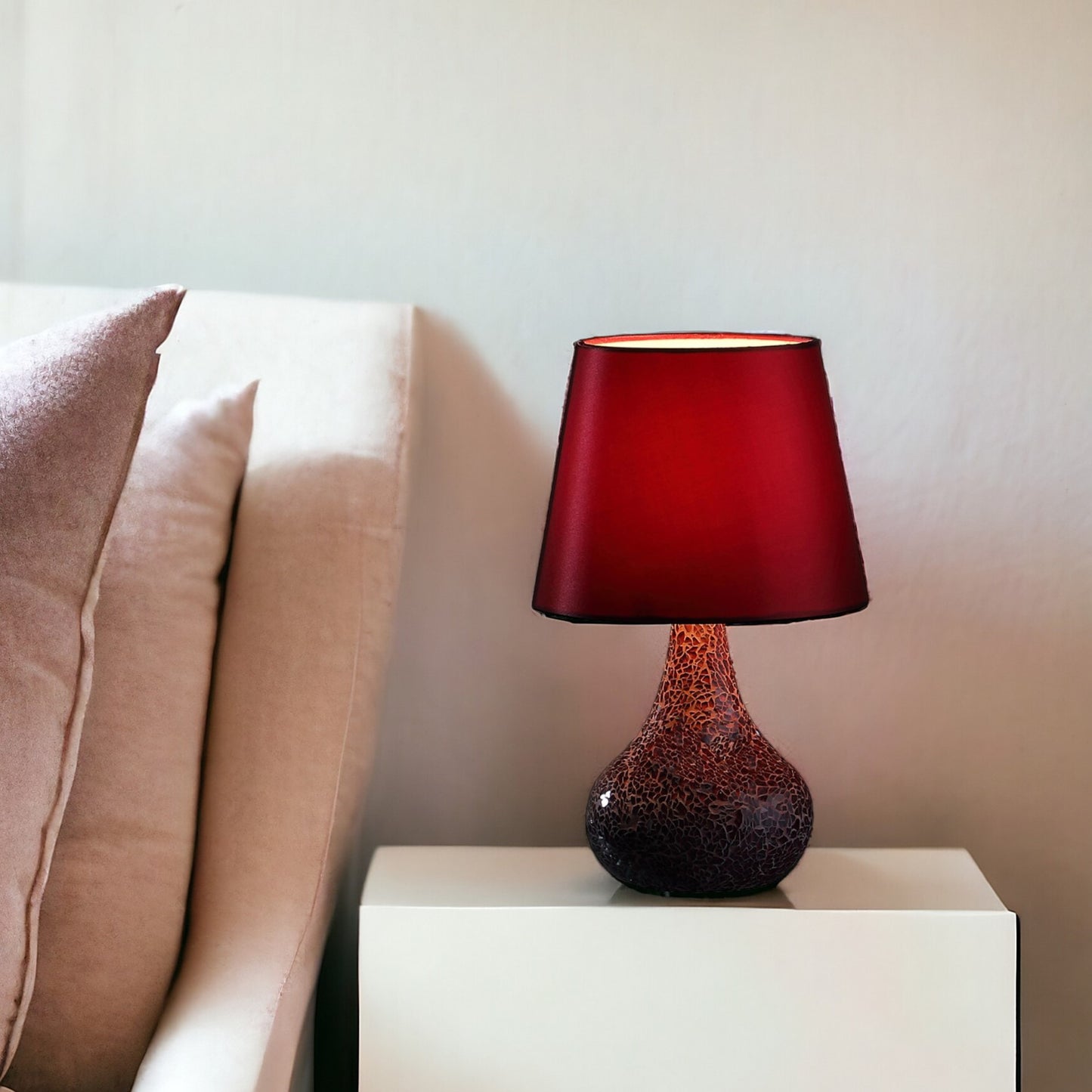 11" Red Resin and Glass Mosaic Crackle Accent Lamp With Burgundy Drum Shade