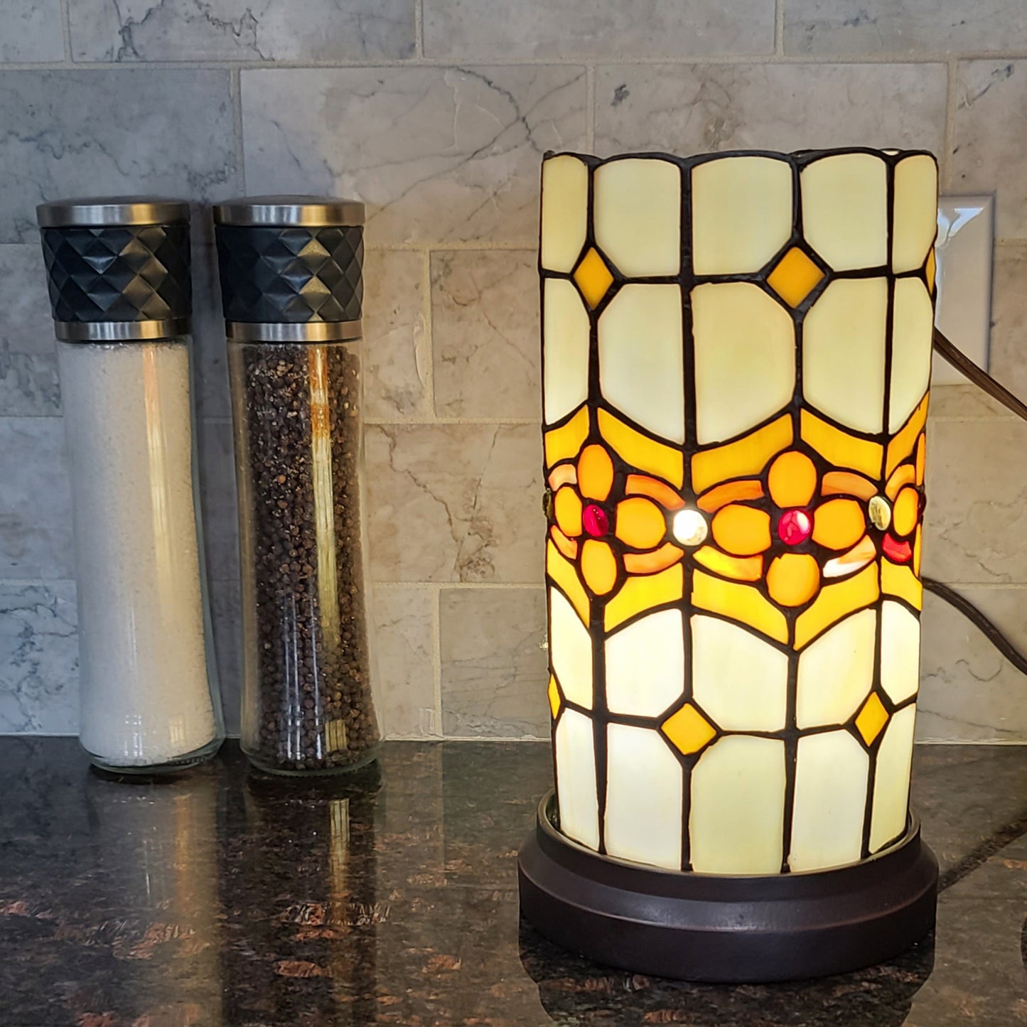 11" Brown and Beige Mosaic Tile Stained Glass Accent Lamp