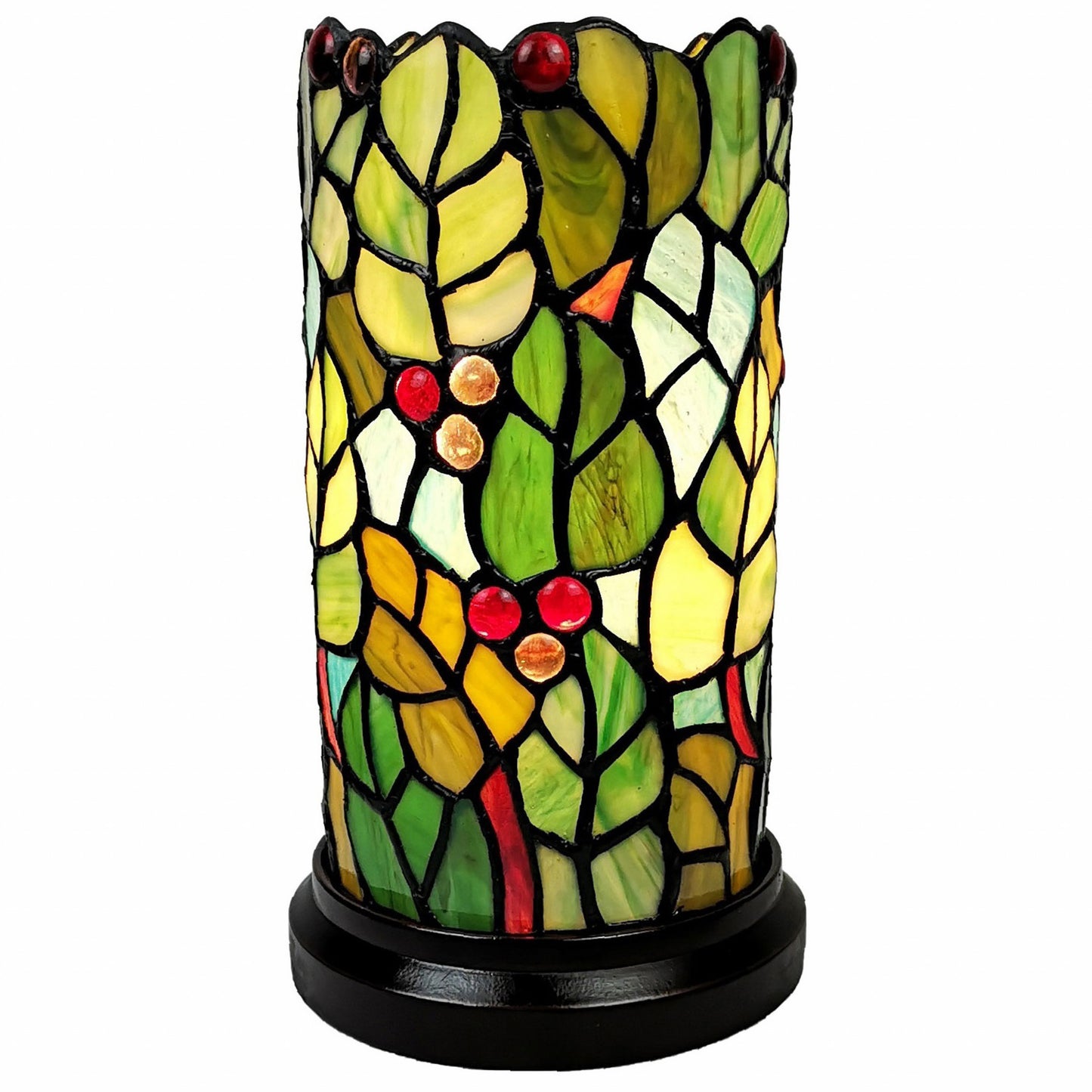 11" Green and Red Leaves and Berries Stained Glass Accent Lamp