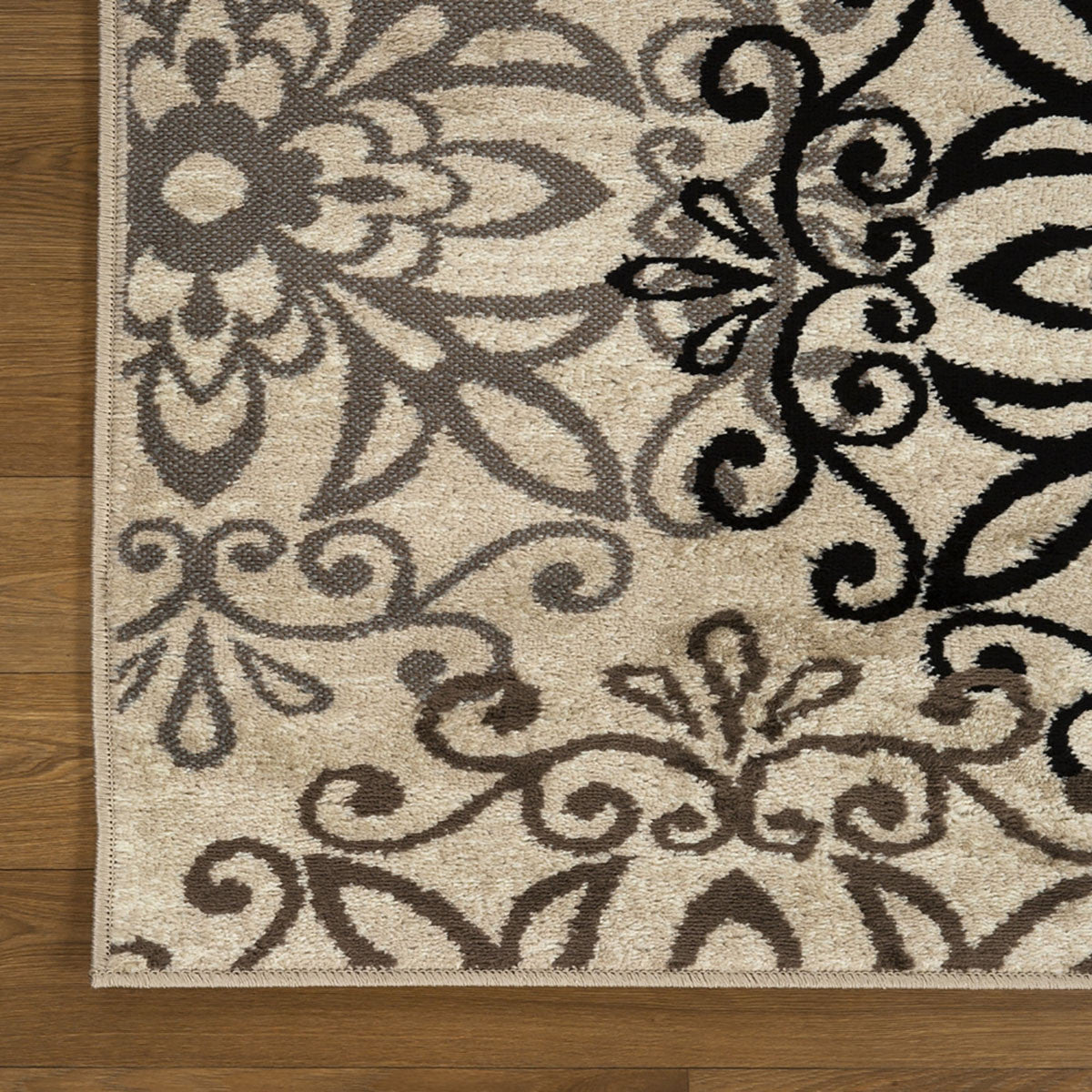 10' Beige Black and Gray Floral Medallion Power Loom Runner Rug