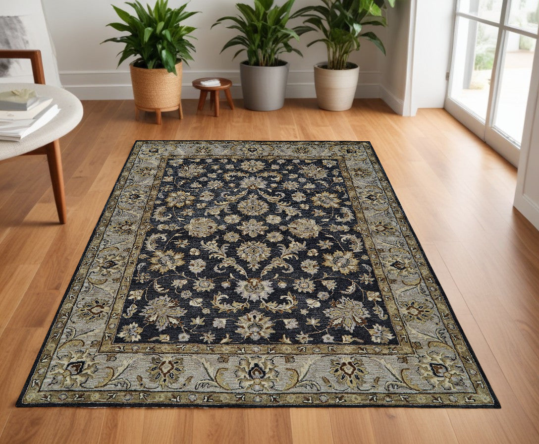 10' Blue Gray And Taupe Wool Floral Tufted Handmade Stain Resistant Runner Rug