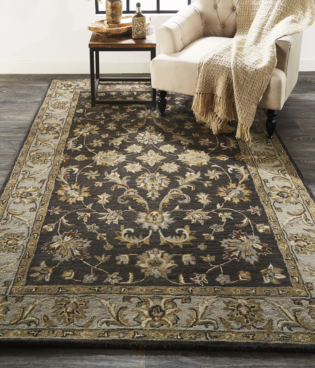 10' Blue Gray And Taupe Wool Floral Tufted Handmade Stain Resistant Runner Rug