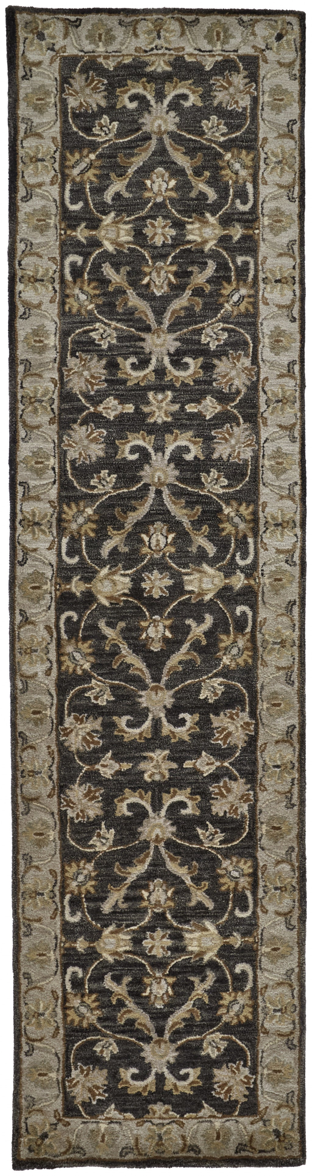 10' Blue Gray And Taupe Wool Floral Tufted Handmade Stain Resistant Runner Rug