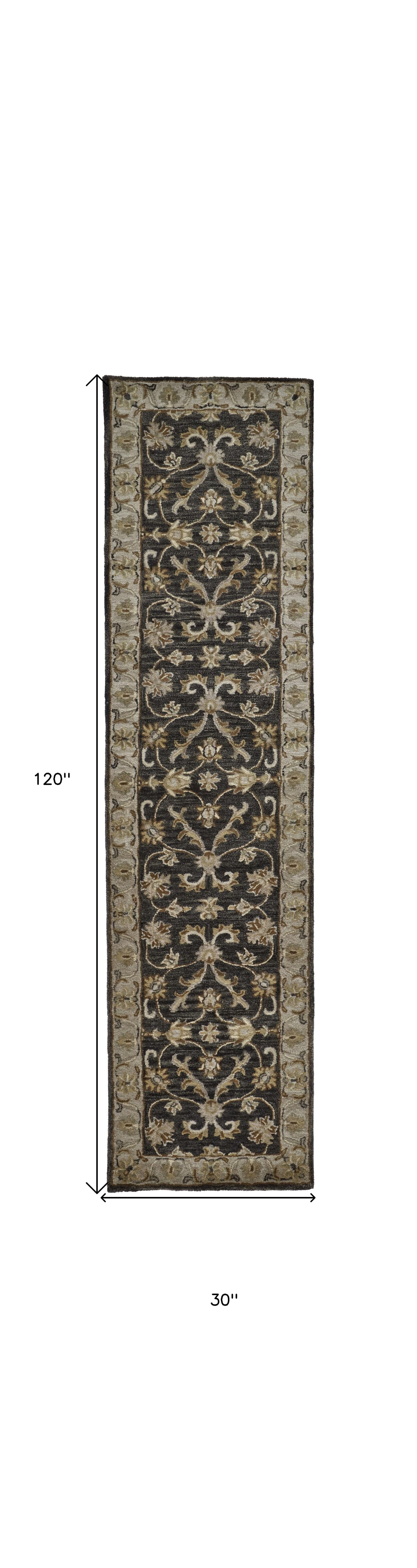 10' Blue Gray And Taupe Wool Floral Tufted Handmade Stain Resistant Runner Rug