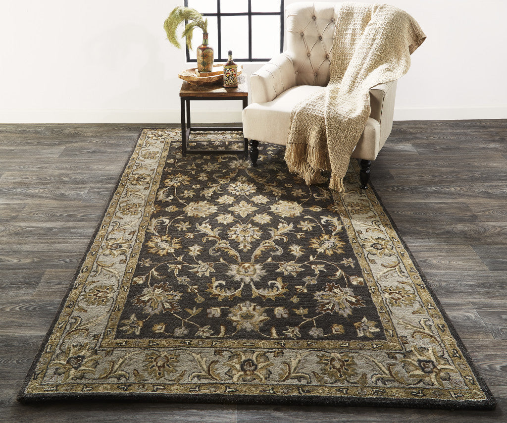 10' Blue Gray And Taupe Wool Floral Tufted Handmade Stain Resistant Runner Rug