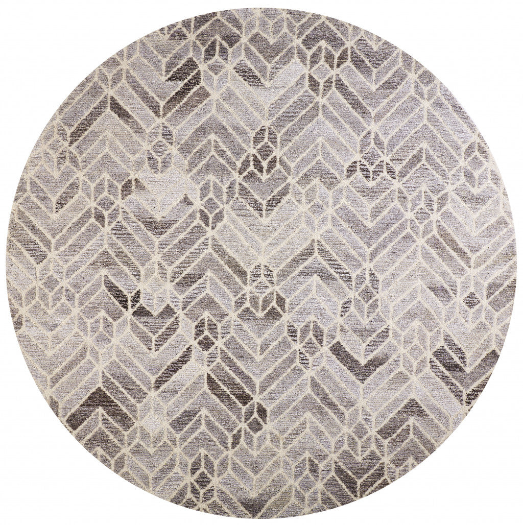 10' Gray and Ivory Round Wool Geometric Hand Tufted Area Rug