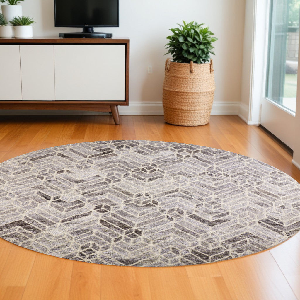 10' Gray and Ivory Round Wool Geometric Hand Tufted Area Rug