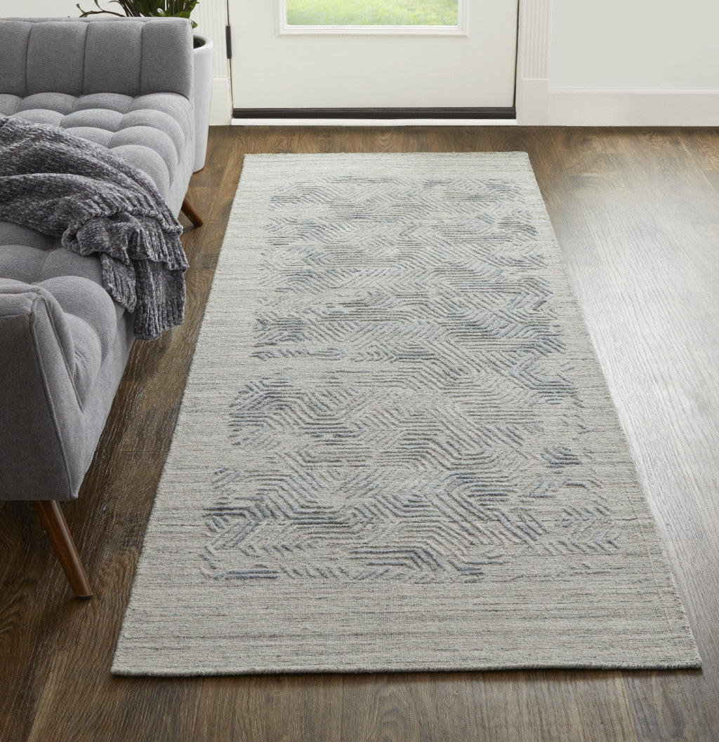 10' Gray And Blue Abstract Hand Woven Runner Rug