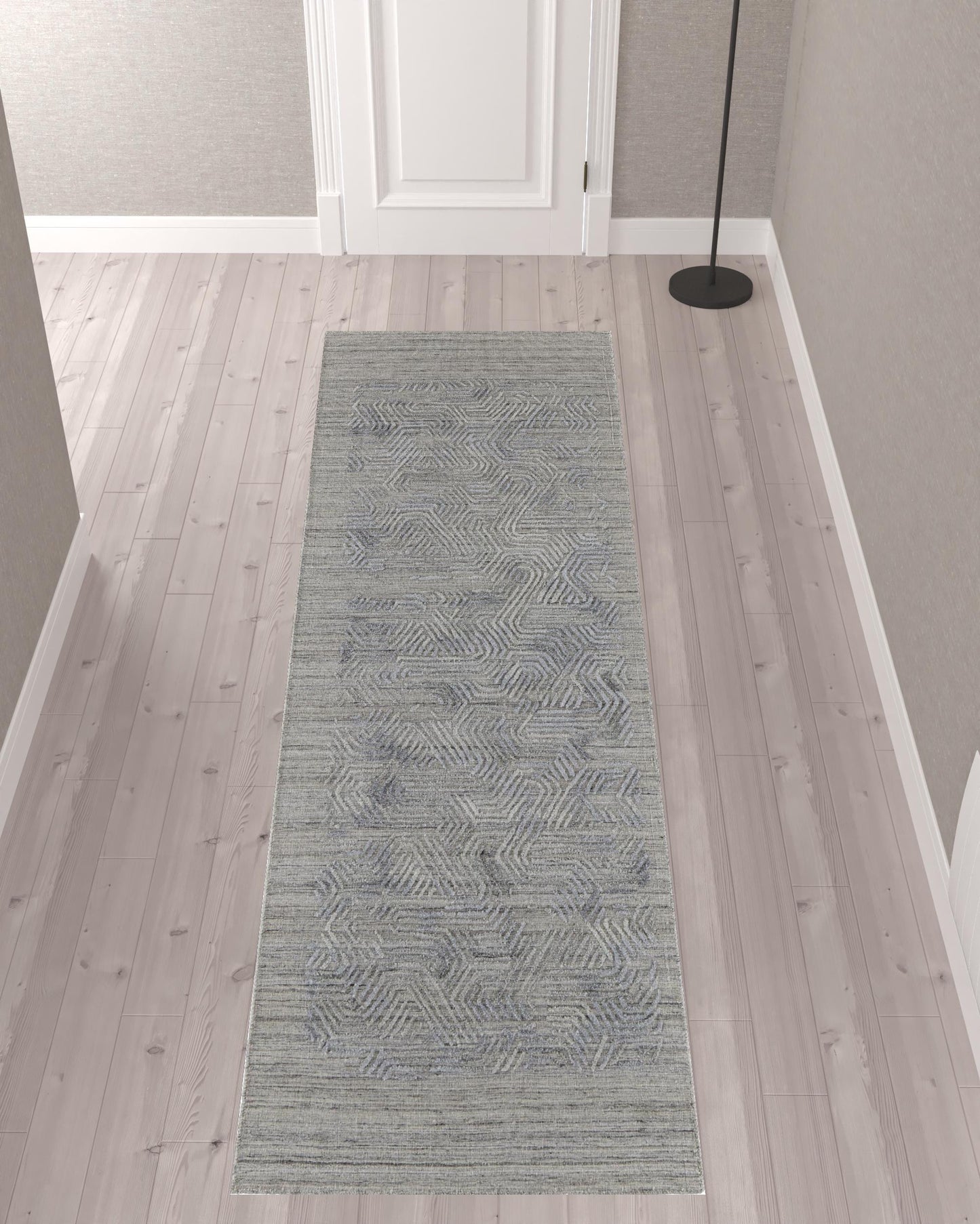 10' Gray And Blue Abstract Hand Woven Runner Rug