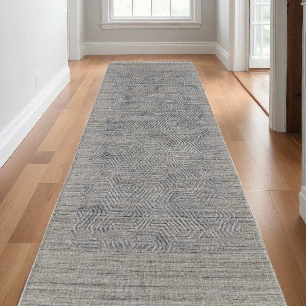 10' Gray And Blue Abstract Hand Woven Runner Rug