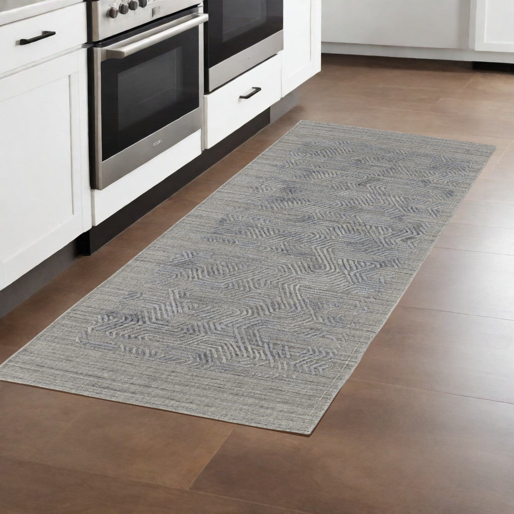 10' Gray And Blue Abstract Hand Woven Runner Rug