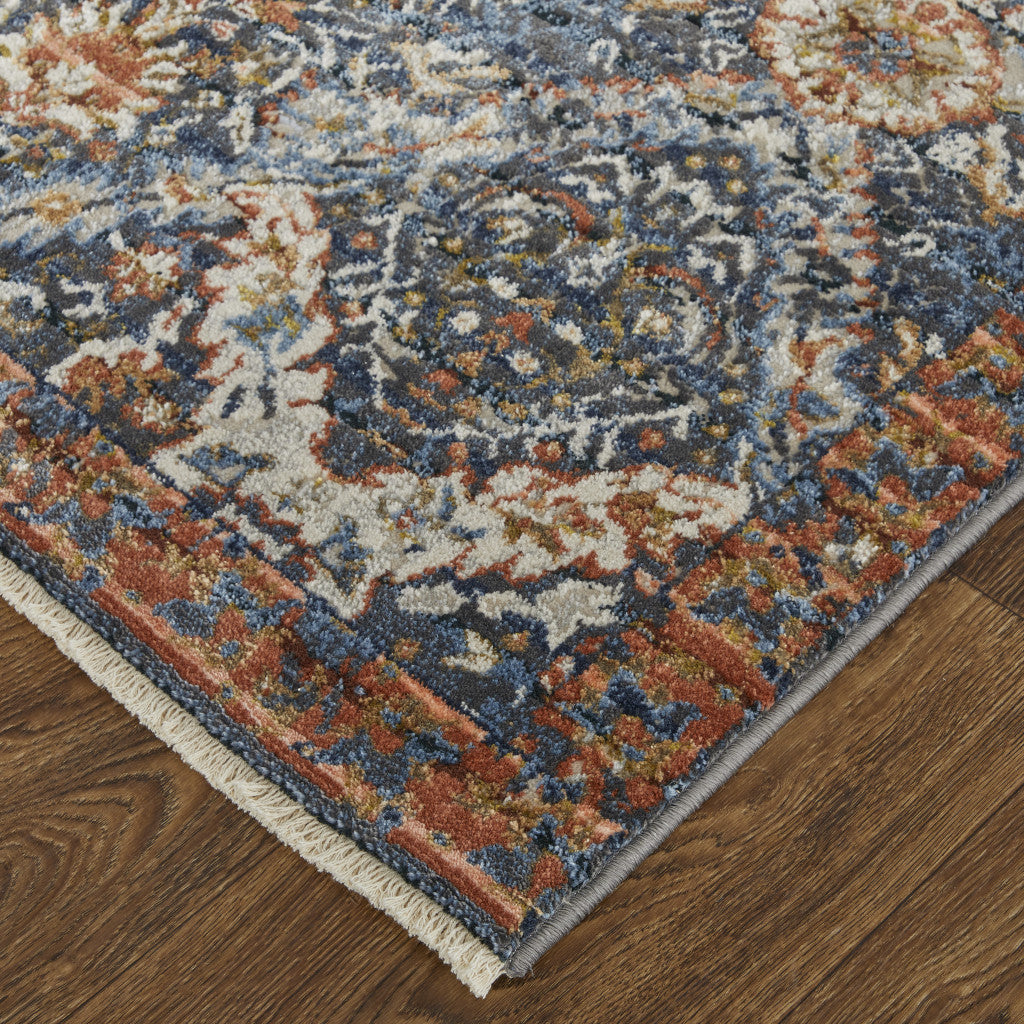 10' Blue Orange And Ivory Floral Power Loom Runner Rug With Fringe