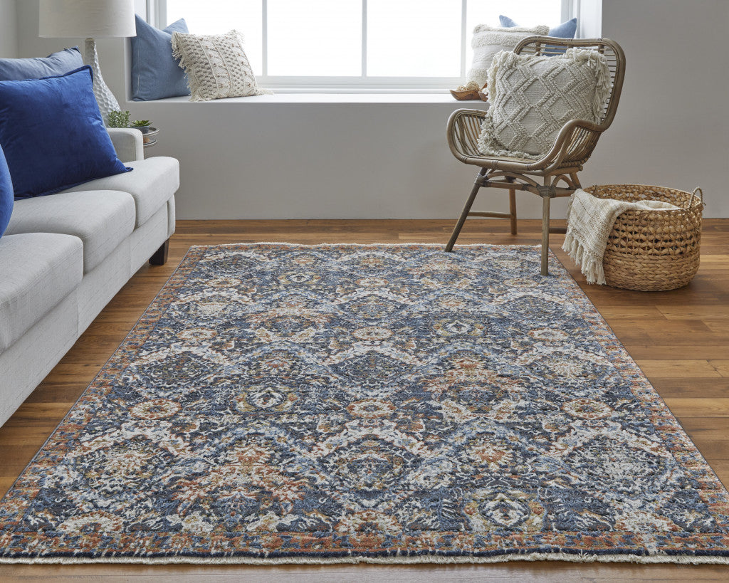 10' Blue Orange And Ivory Floral Power Loom Runner Rug With Fringe