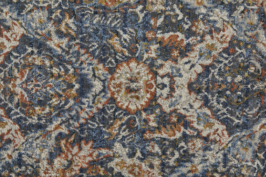 10' Blue Orange And Ivory Floral Power Loom Runner Rug With Fringe