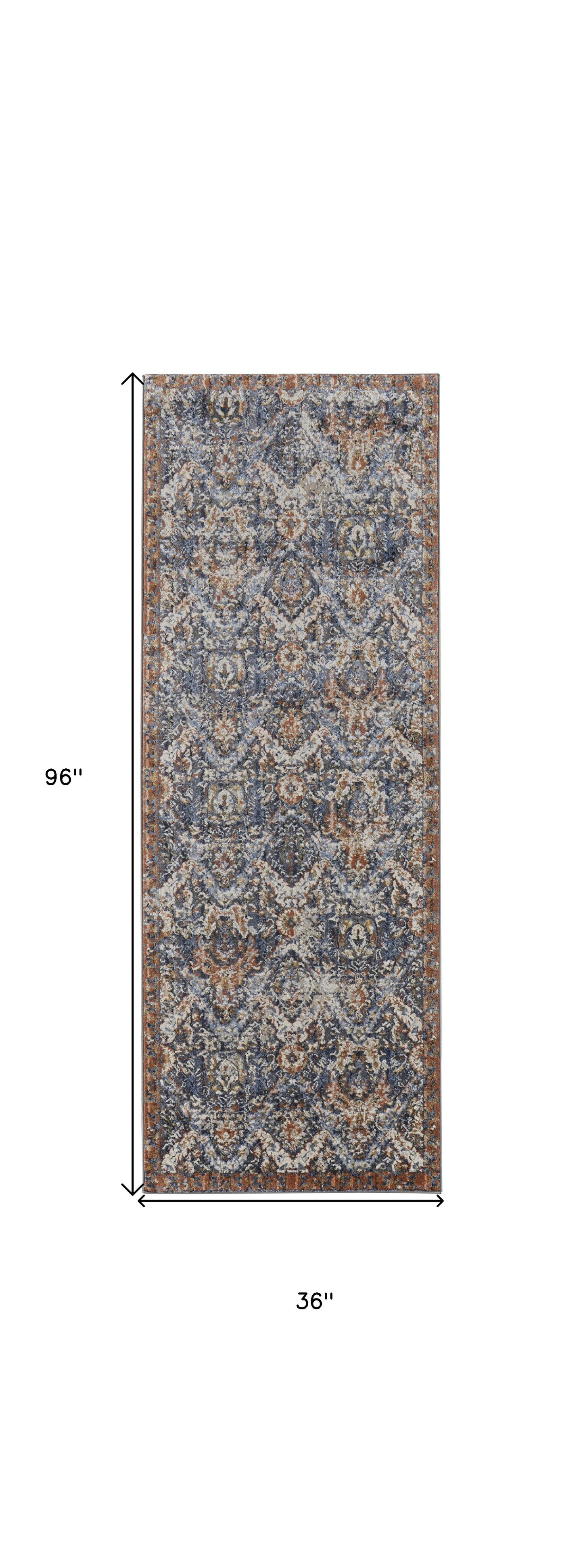 10' Blue Orange And Ivory Floral Power Loom Runner Rug With Fringe