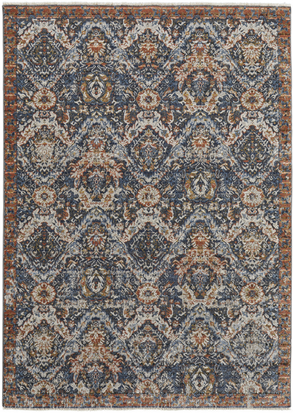 10' Blue Orange And Ivory Floral Power Loom Runner Rug With Fringe