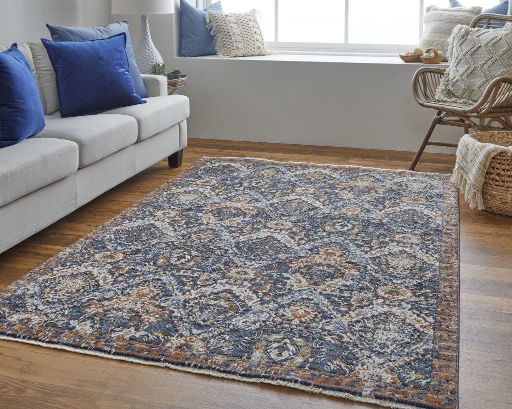 10' Blue Orange And Ivory Floral Power Loom Runner Rug With Fringe