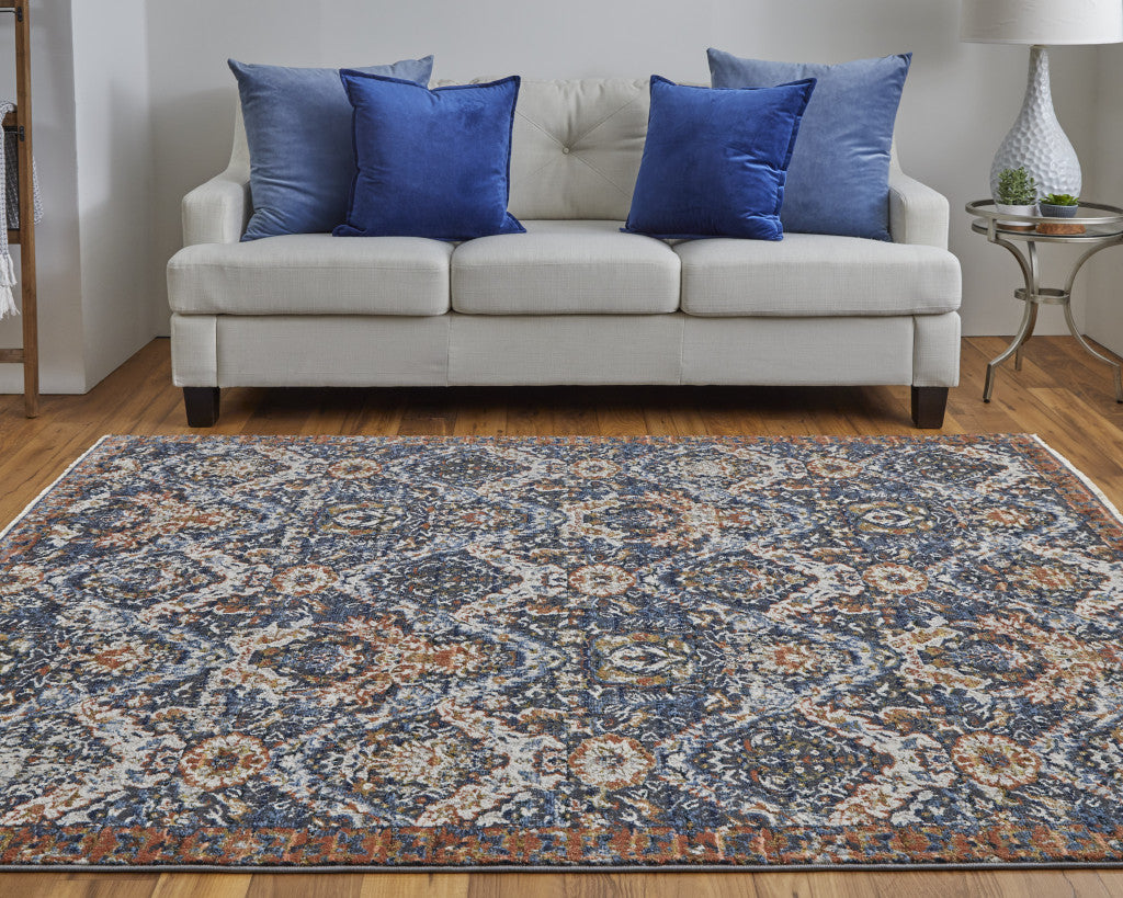 10' Blue Orange And Ivory Floral Power Loom Runner Rug With Fringe