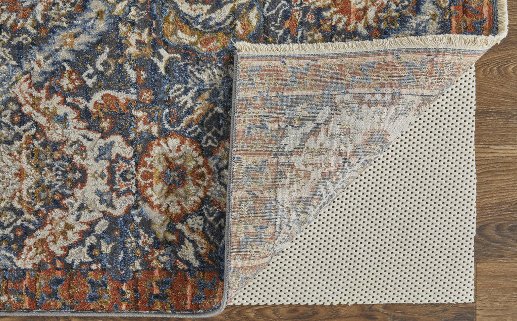 10' Blue Orange And Ivory Floral Power Loom Runner Rug With Fringe