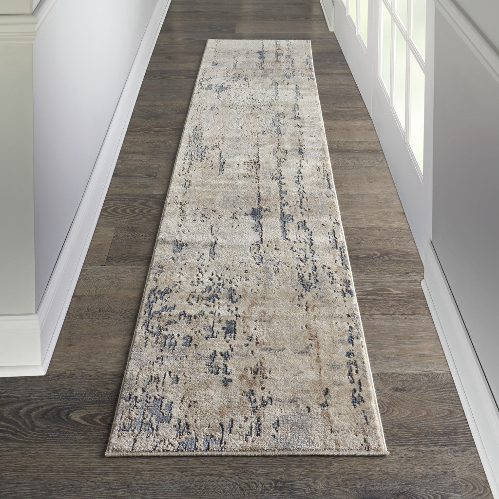 10' Beige and Ivory Abstract Power Loom Runner Rug