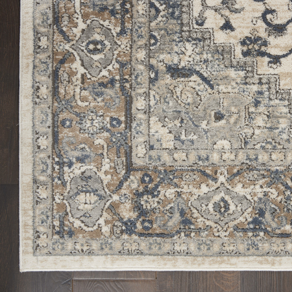 10' Gray and Ivory Medallion Power Loom Runner Rug