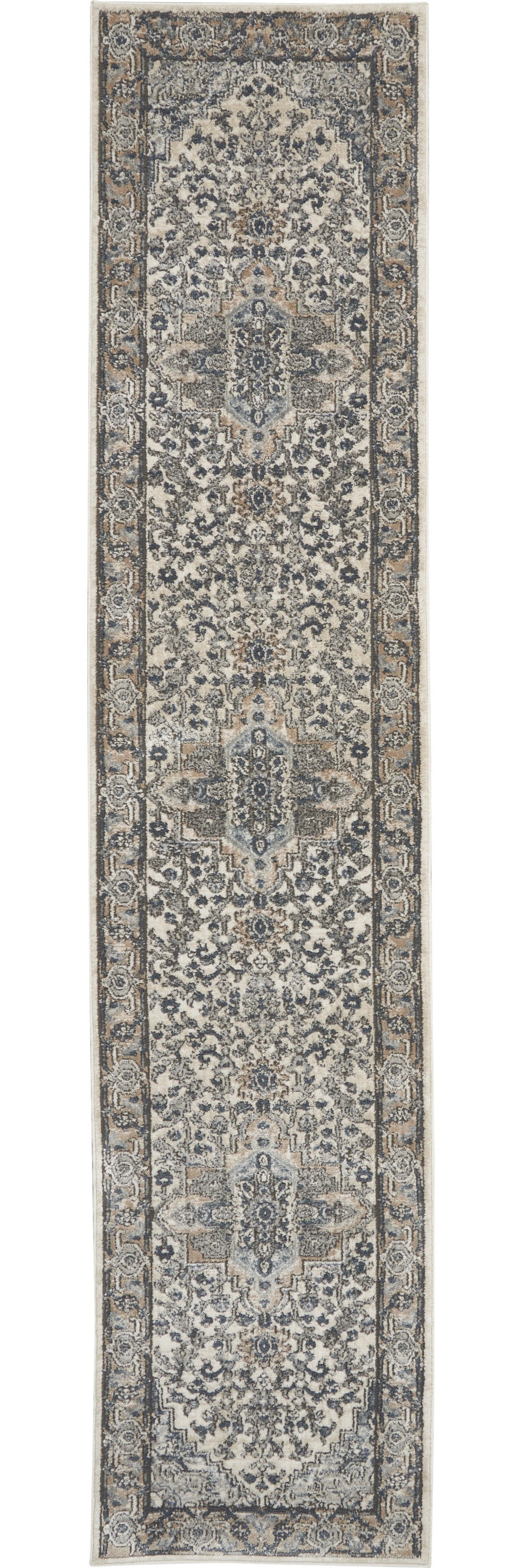 10' Gray and Ivory Medallion Power Loom Runner Rug