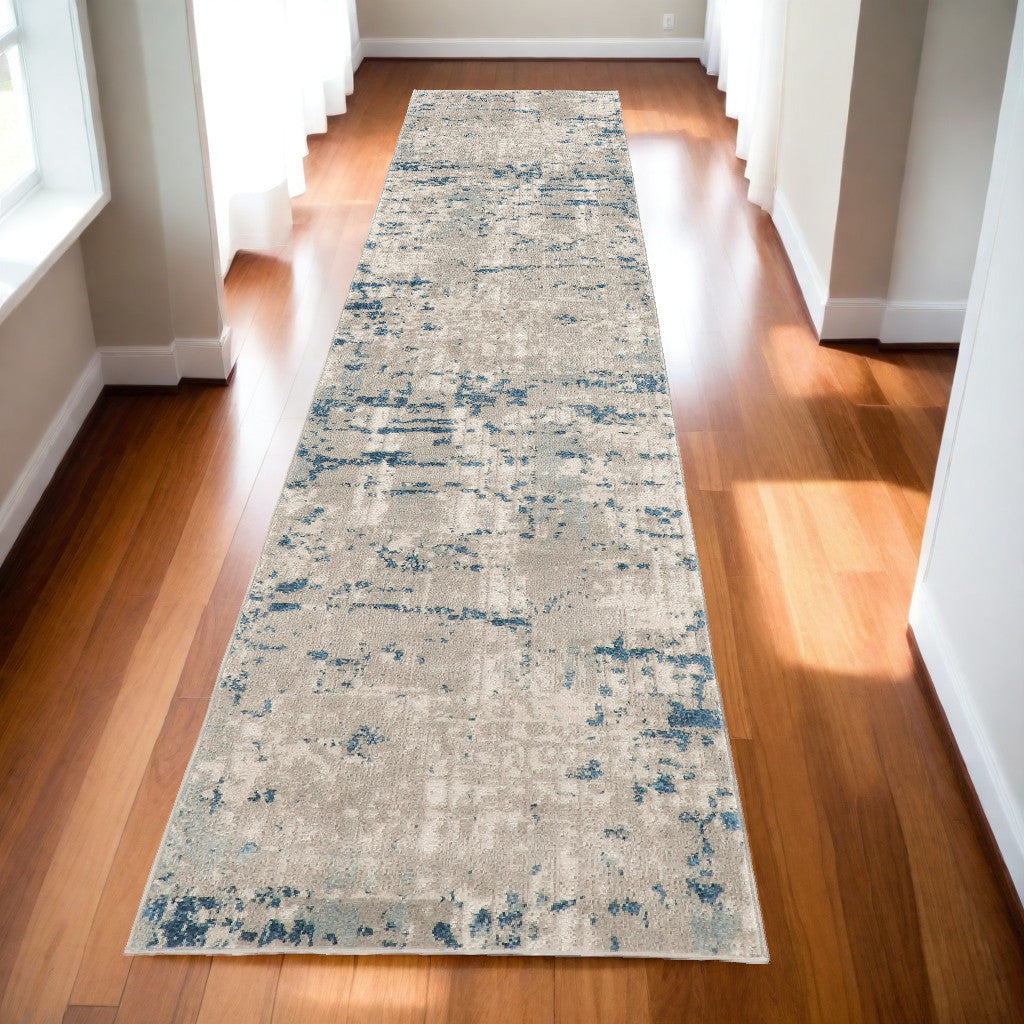 10' Blue and Gray Abstract Power Loom Runner Rug