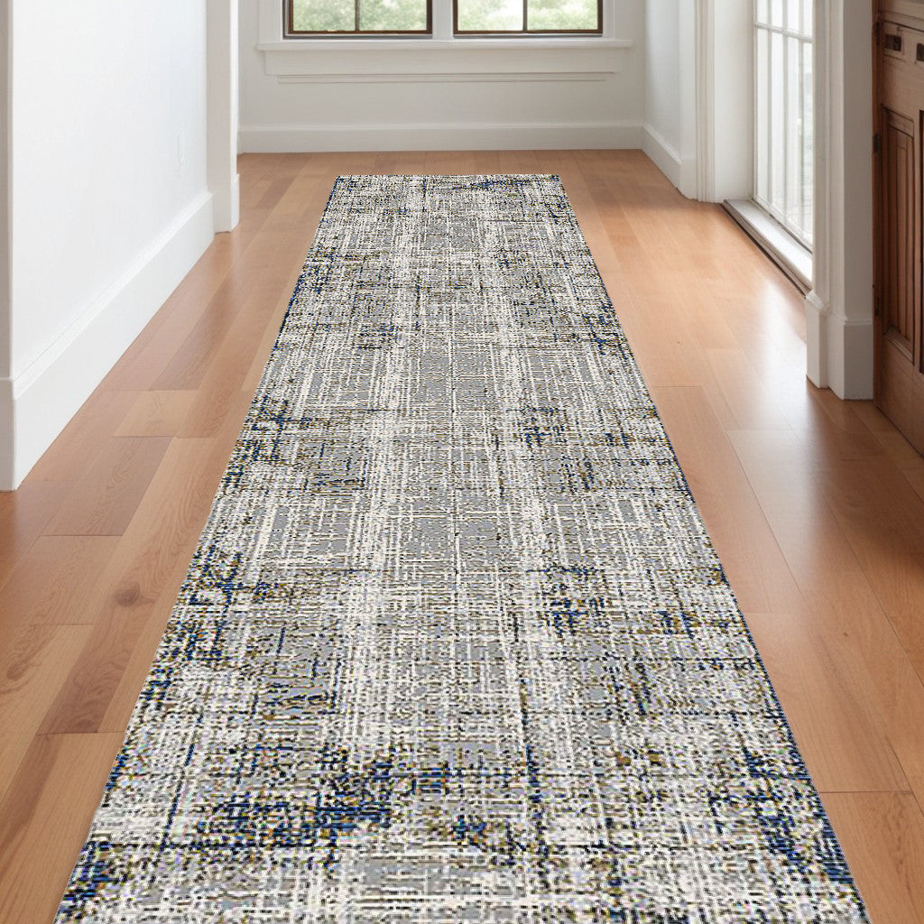 10' Ivory Blue and Gray Abstract Power Loom Runner Rug