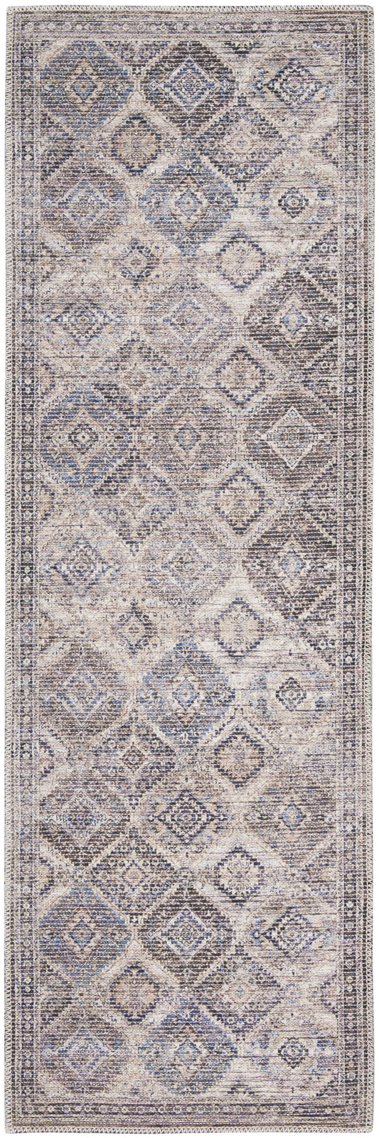 10' Ivory and Tan Floral Power Loom Distressed Washable Runner Rug