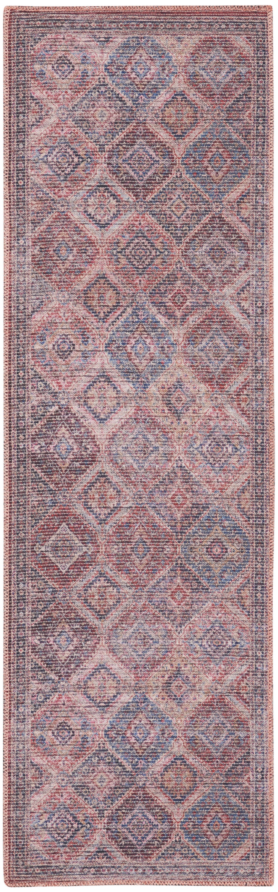 10' Blue and Red Floral Power Loom Distressed Washable Runner Rug