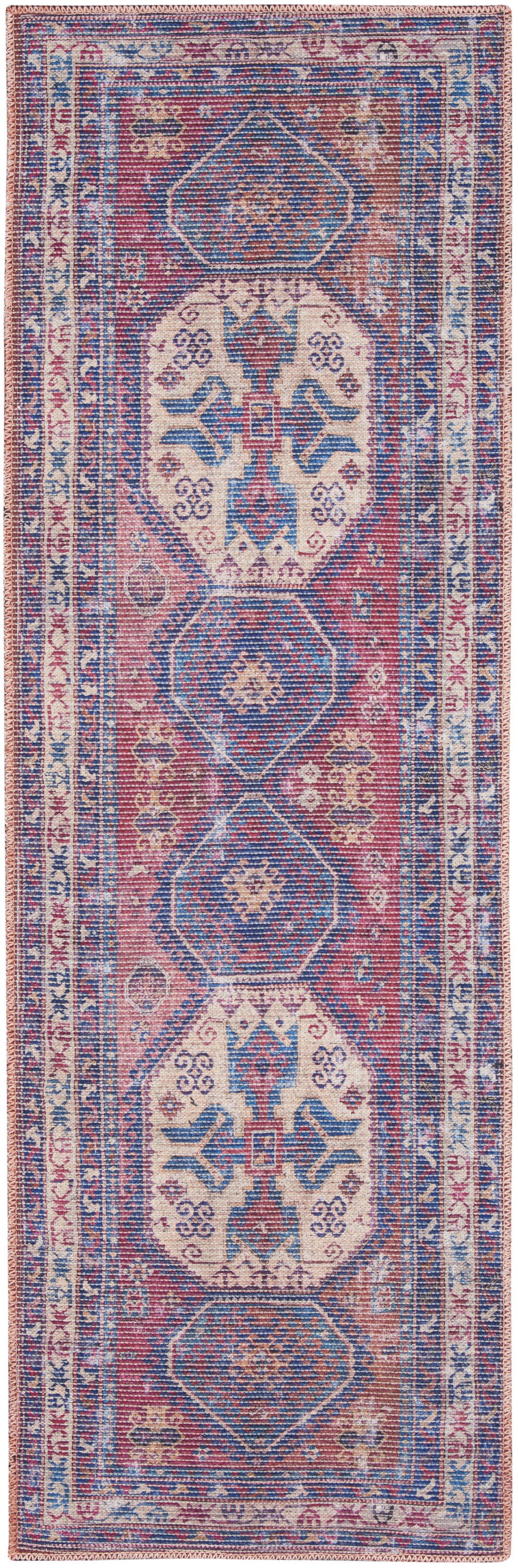 10' Blue and Red Floral Power Loom Distressed Washable Runner Rug