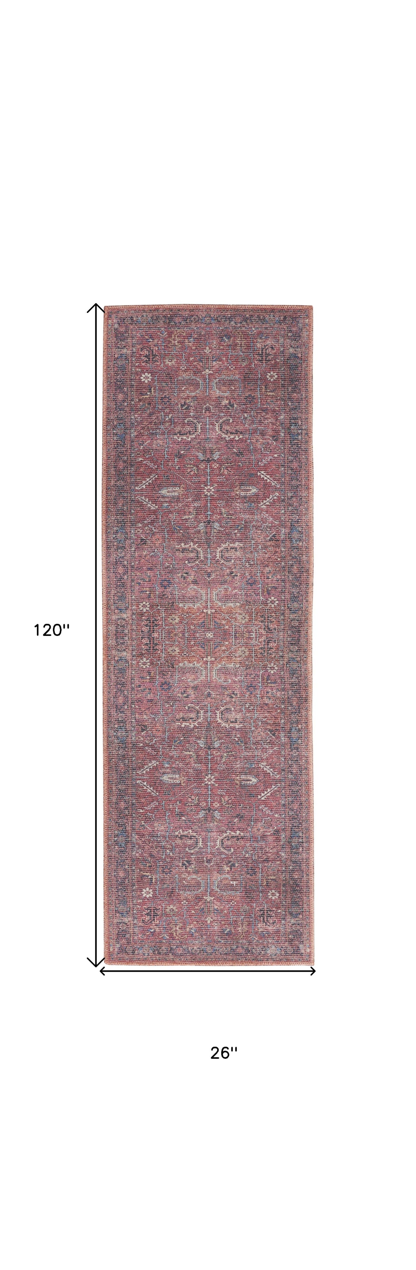 10' Blue and Red Floral Power Loom Distressed Washable Runner Rug