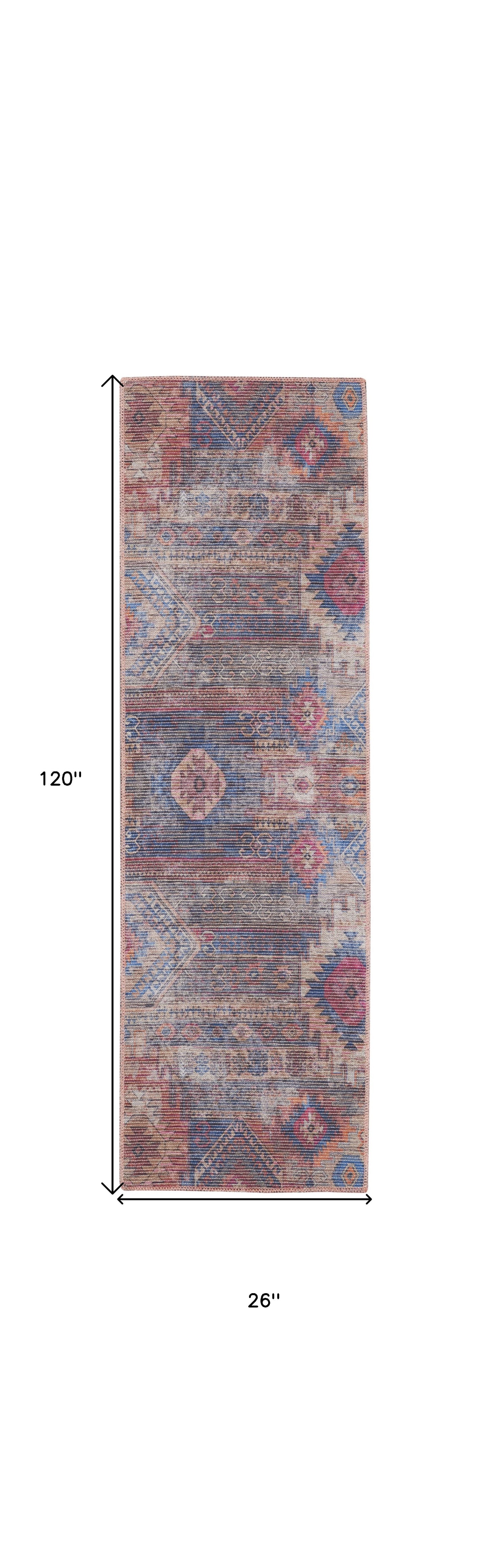 10' Blue and Red Geometric Power Loom Distressed Washable Runner Rug