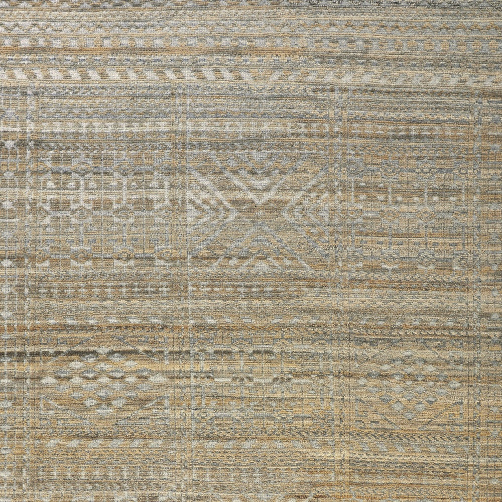 10' Gold and Tan Geometric Hand Knotted Worn Faded Runner Rug