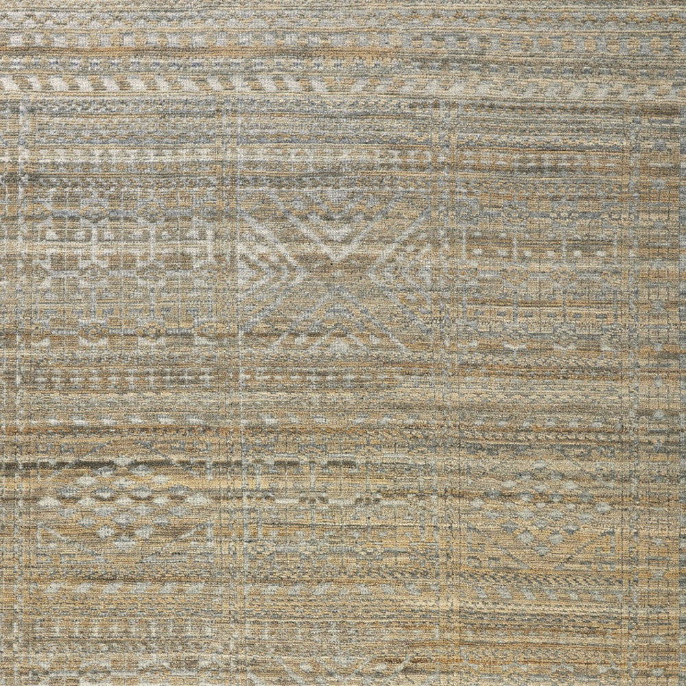 10' Gold and Tan Geometric Hand Knotted Worn Faded Runner Rug