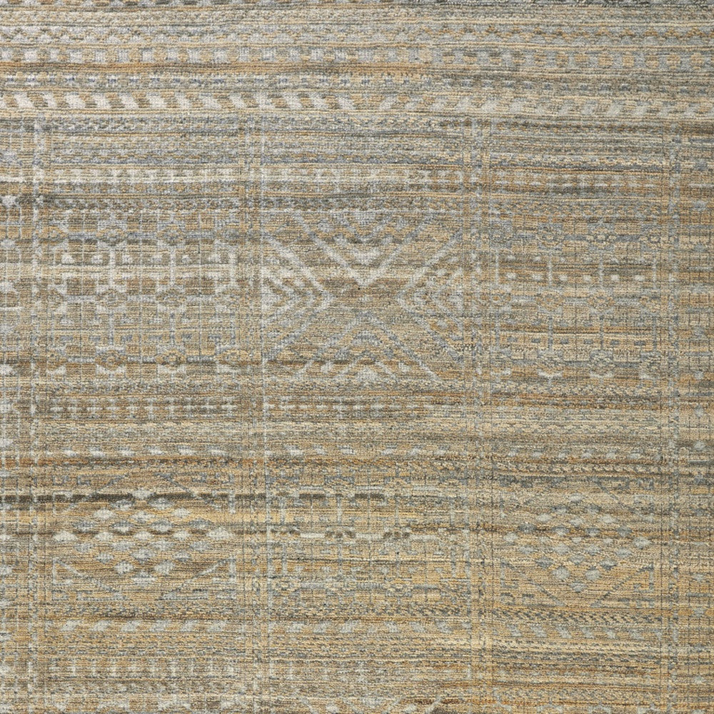 10' Gold and Tan Geometric Hand Knotted Worn Faded Runner Rug