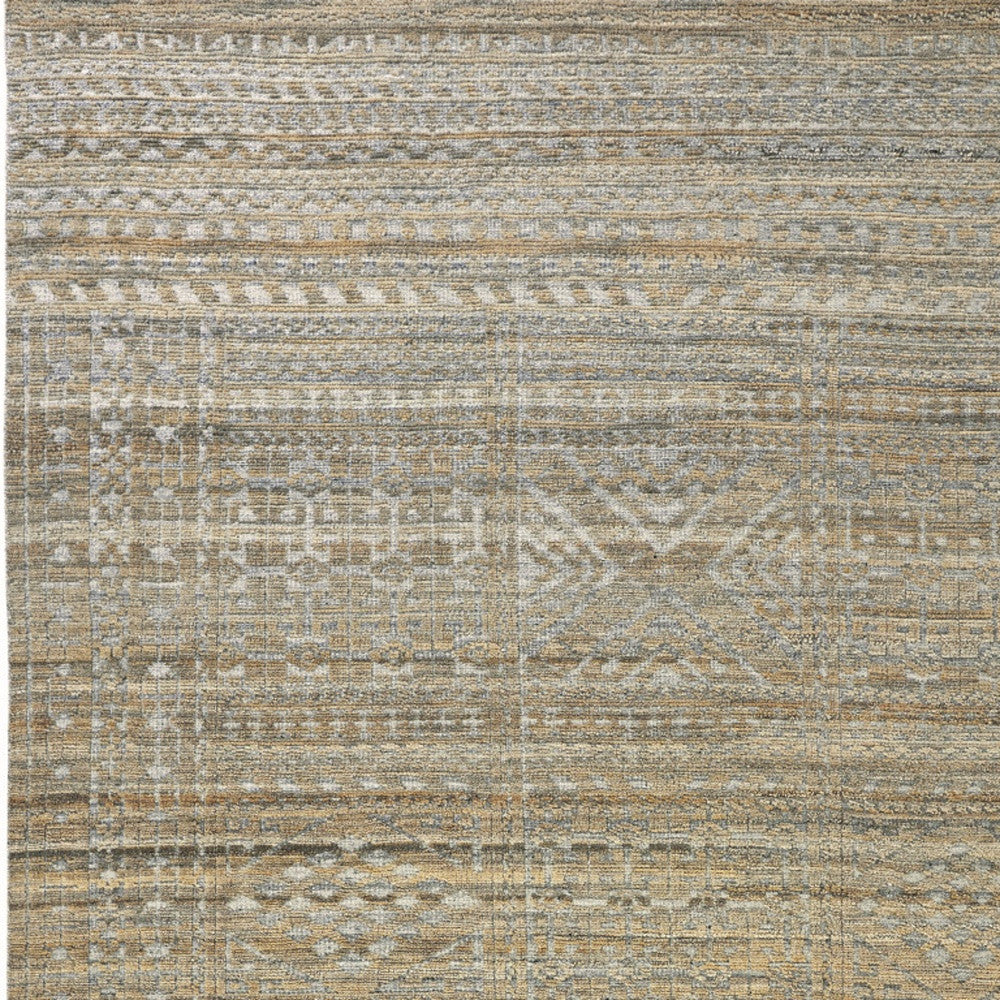 10' Gold and Tan Geometric Hand Knotted Worn Faded Runner Rug