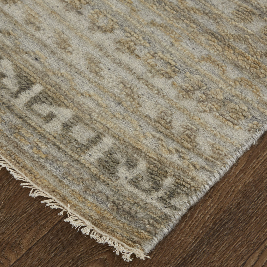 10' Gold and Tan Geometric Hand Knotted Worn Faded Runner Rug