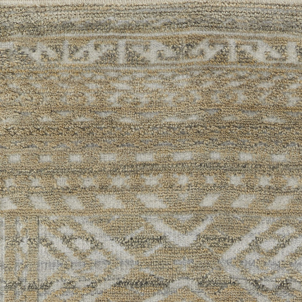 10' Gold and Tan Geometric Hand Knotted Worn Faded Runner Rug