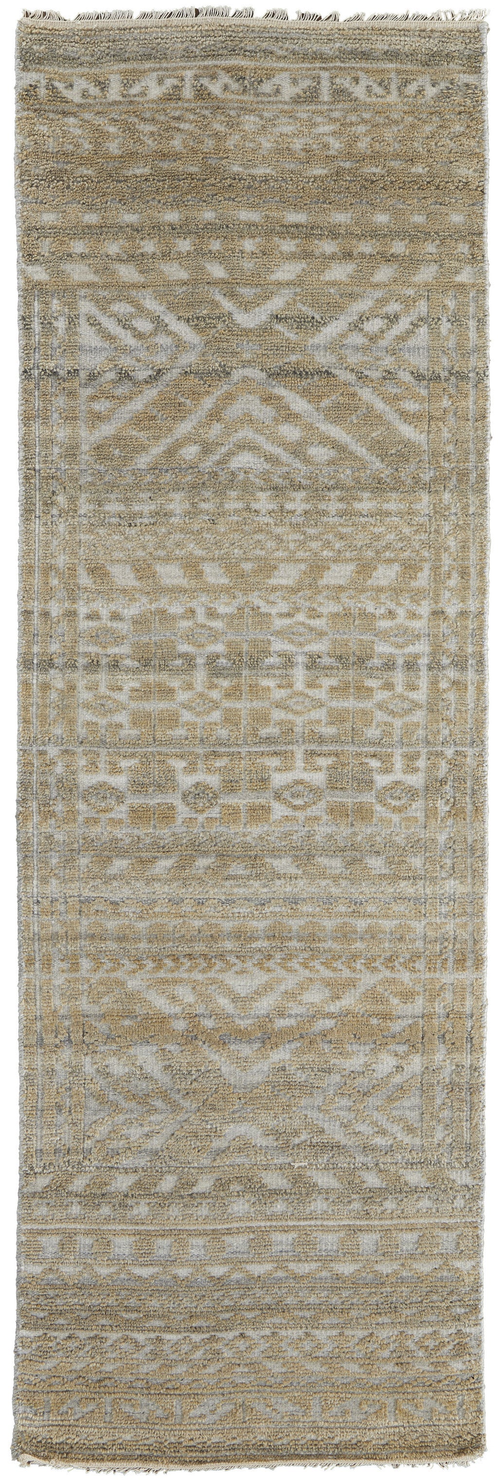 10' Gold and Tan Geometric Hand Knotted Worn Faded Runner Rug