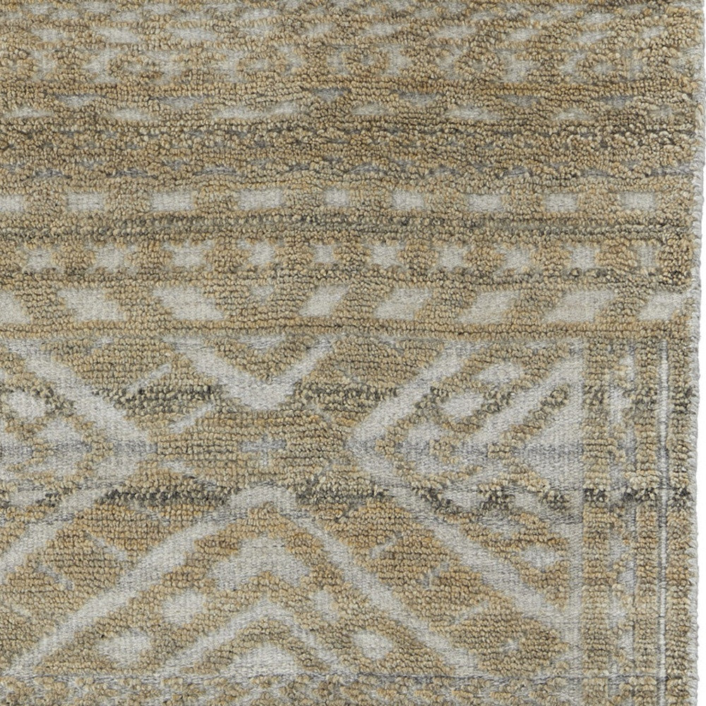 10' Gold and Tan Geometric Hand Knotted Worn Faded Runner Rug