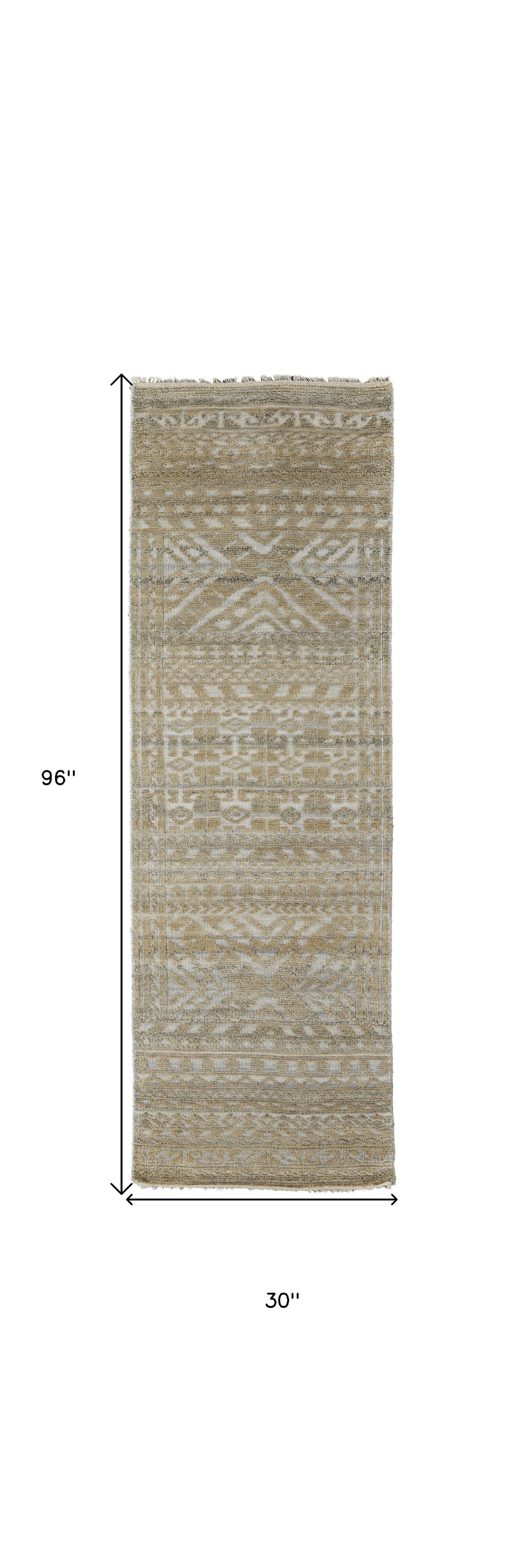 10' Gold and Tan Geometric Hand Knotted Worn Faded Runner Rug